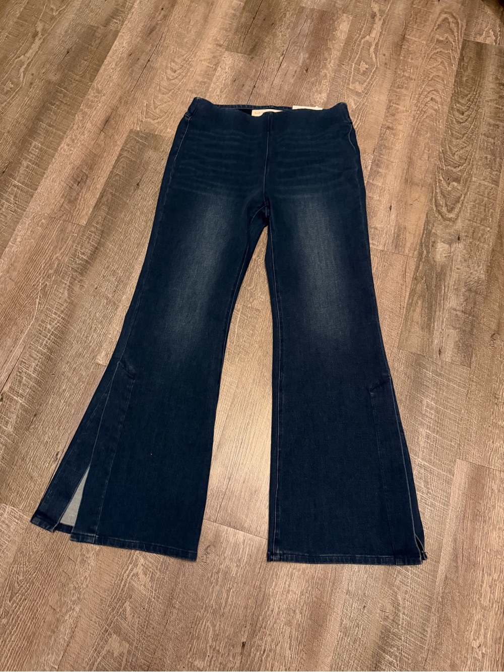 Soft Surroundings Dark Indigo Wide-Leg Flare Jeans with Side Slits